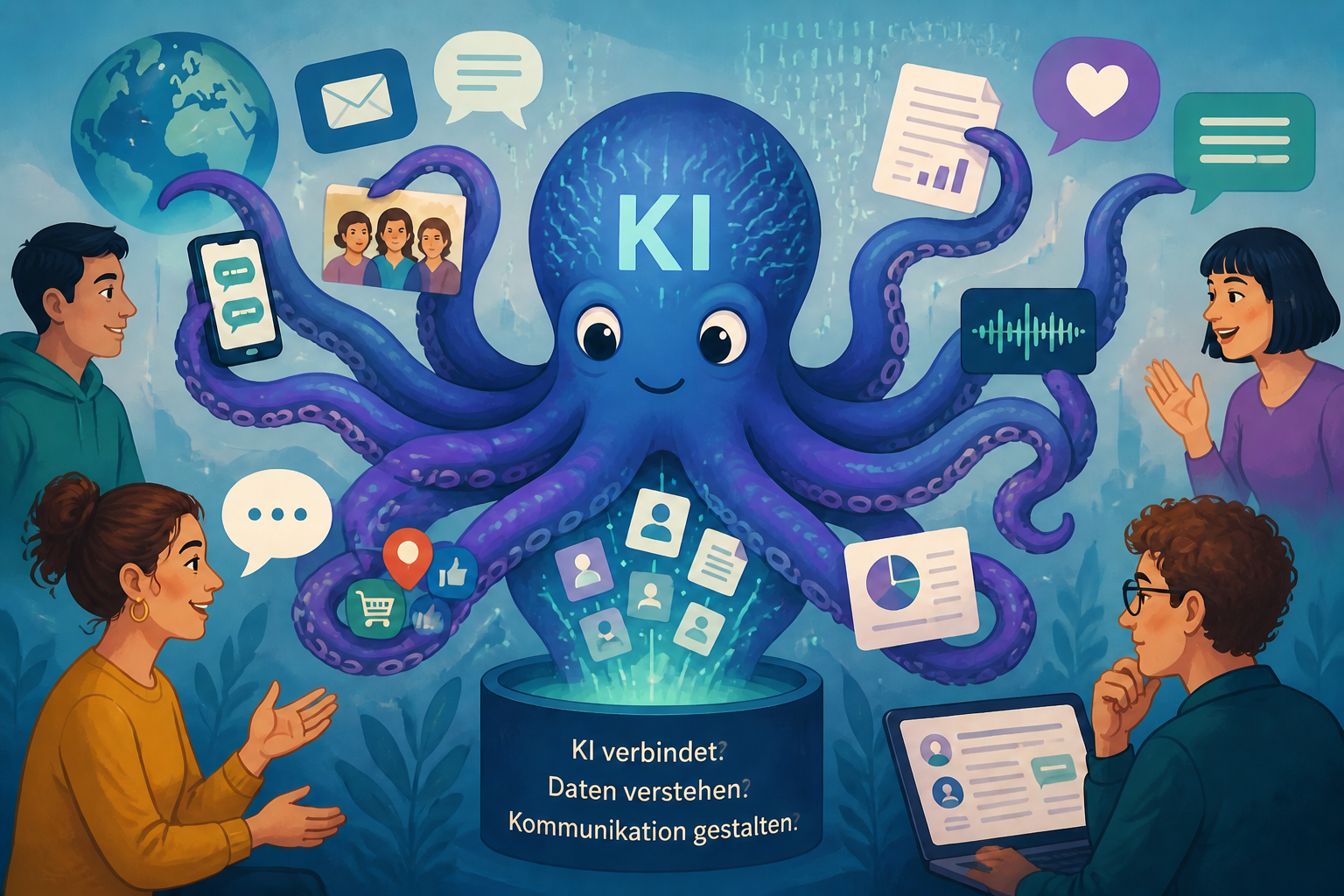 Wir haben die KI gefragt, wie sie selbst ihren Einfluss auf unsere Kommunikation sieht. Das kam dabei heraus. Die Fragezeichen haben wir ergänzt, auch wenn wir sie noch mehr hervorheben würden, wenn wir mehr Bildcredits gehabt hätten. Bild generiert mit chatai.de